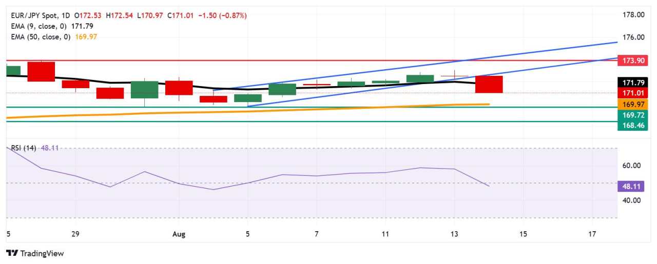 EUR/JPY price forecast: Falls toward 171.00 on signs of a potential bearish shift