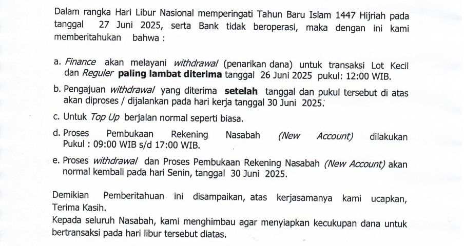 Withdrawal Nasabah Selama Libur Tahun Baru Islam 1447 H