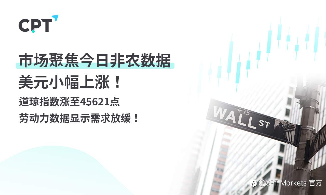 CPT Markets外汇评析：市场聚焦今日非农数据，美元小幅上涨！道琼指数涨至45621点，劳动力数据显示需求放缓！