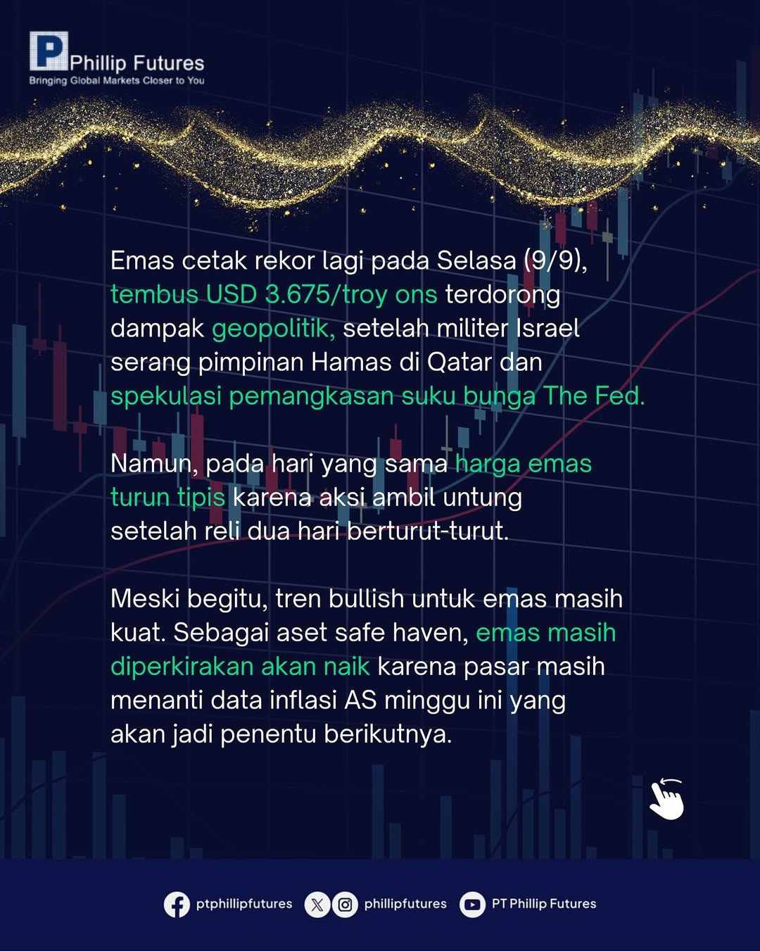Meski cetak rekor lagi, harga emas sempat menurun tipis pada Selasa (9/9).
