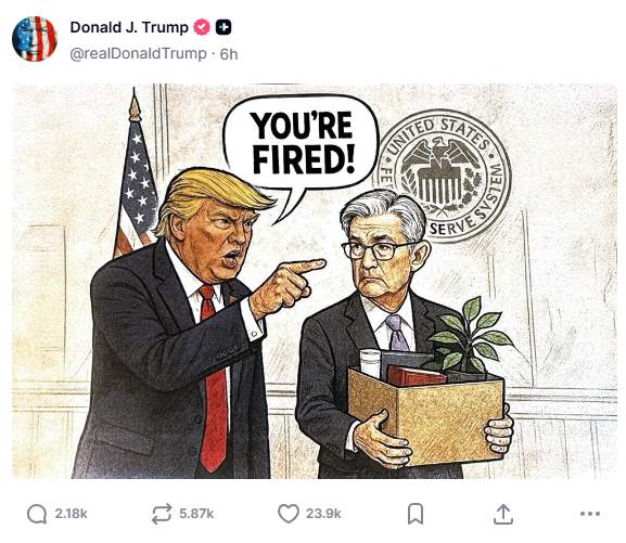 特朗普发梗图恶搞:鲍威尔“被炒”,打包走人!