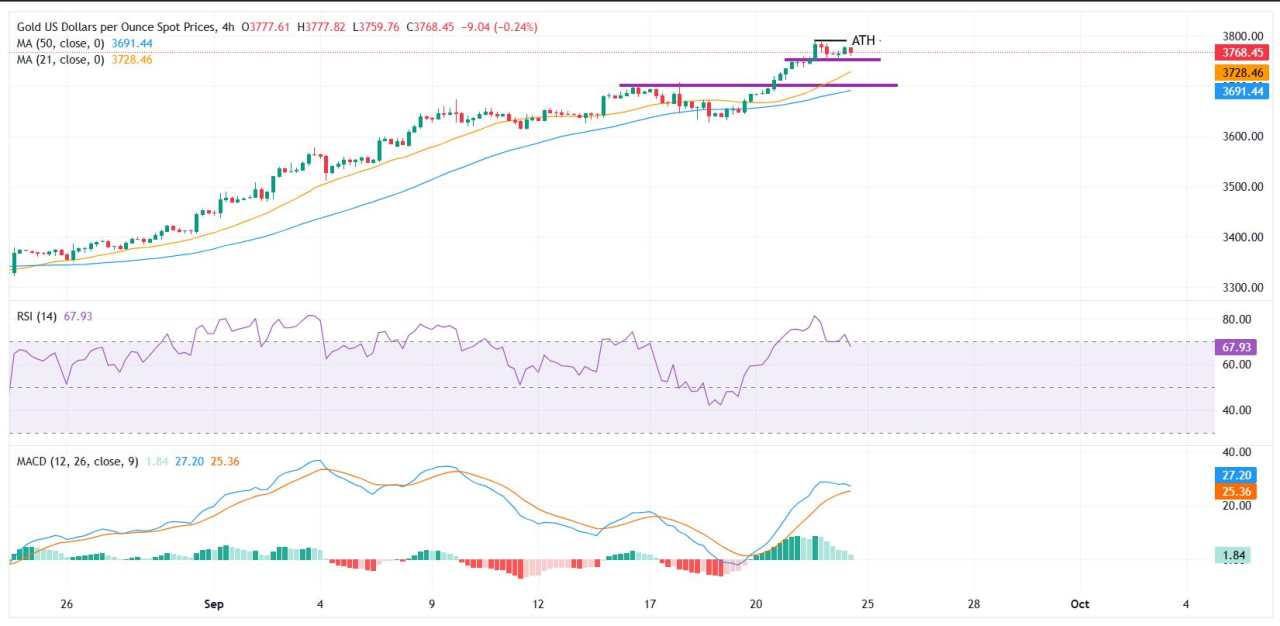 Gold consolidates below record highs as Fed caution and US Dollar strength weigh