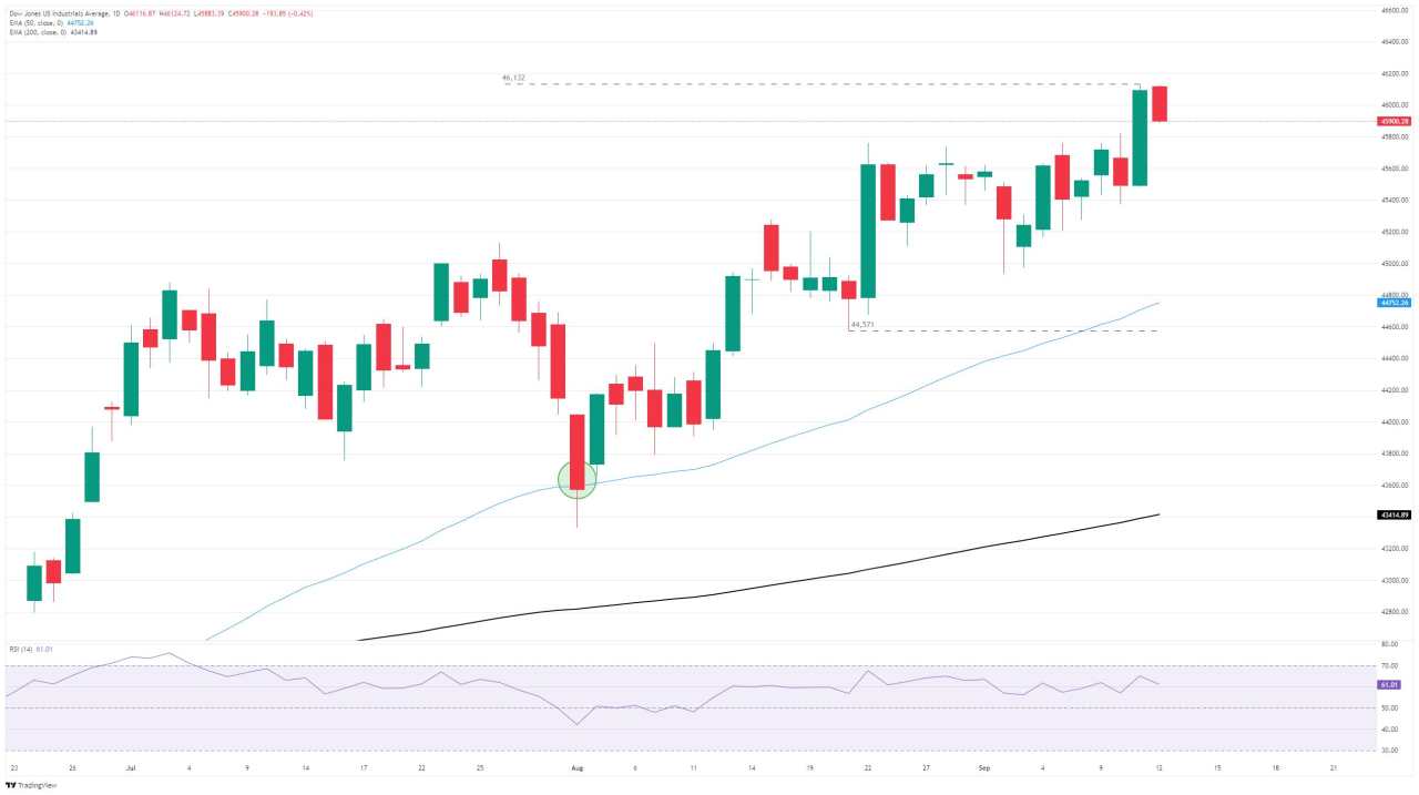 Dow Jones Industrial Average pares gains, falls back below 46,000