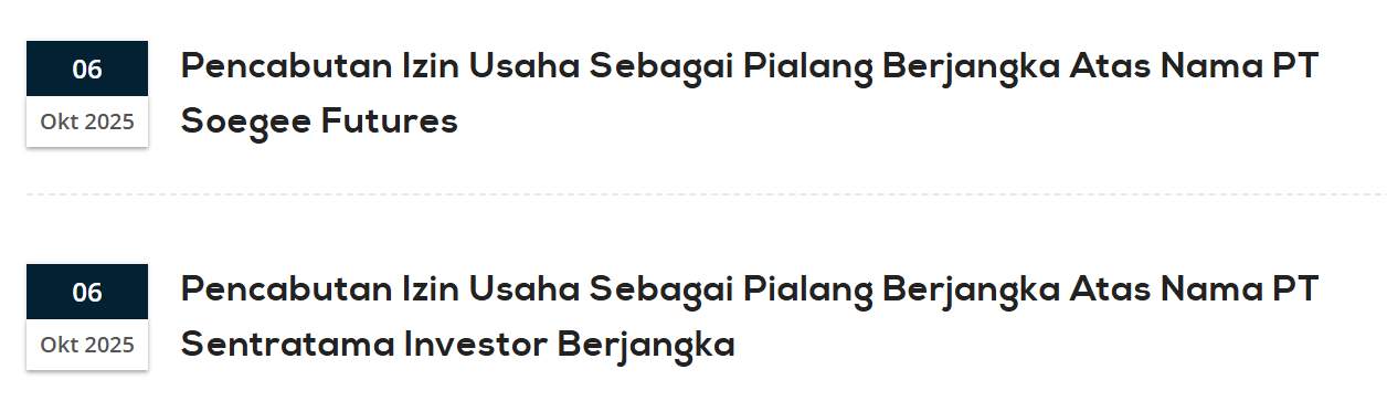 Bappebti Cabut Izin PT Soegee Futures dan Sentratama Investor Berjangka