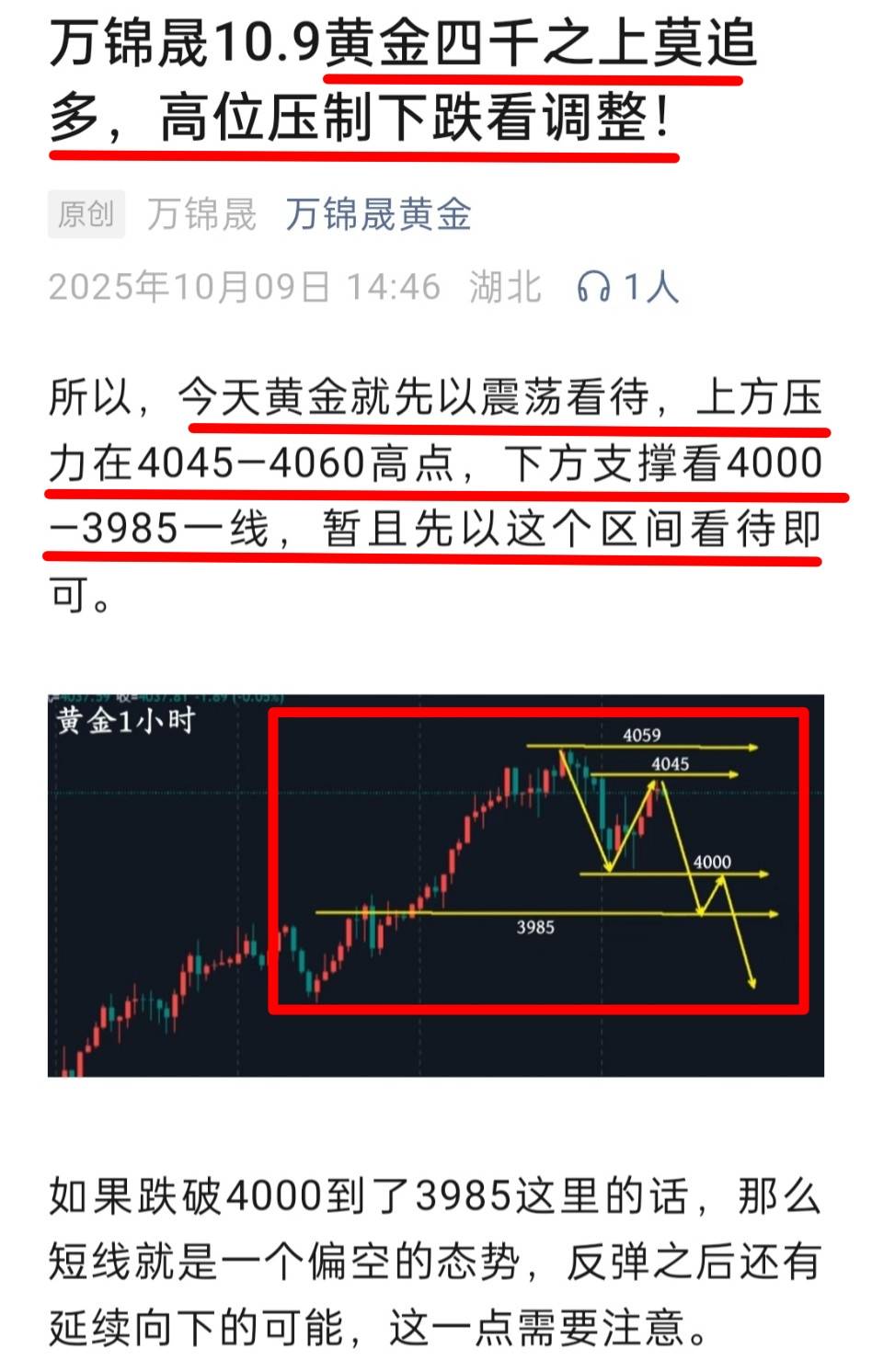 万锦晟10.10黄金大跌多头见顶？别急，先以震荡看待！