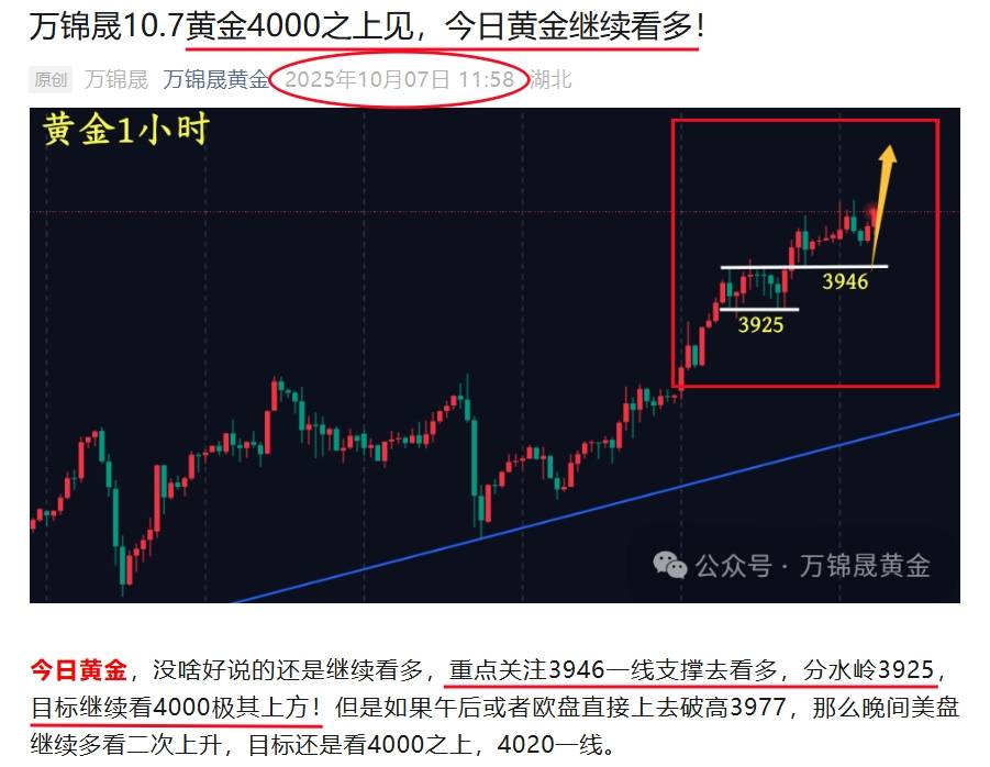 万锦晟10.8黄金四千之上看多不追多，谨防有回落风险！