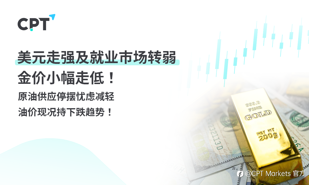CPT Markets 黄金与原油评析：美元走强及就业市场转弱，金价小幅走低！