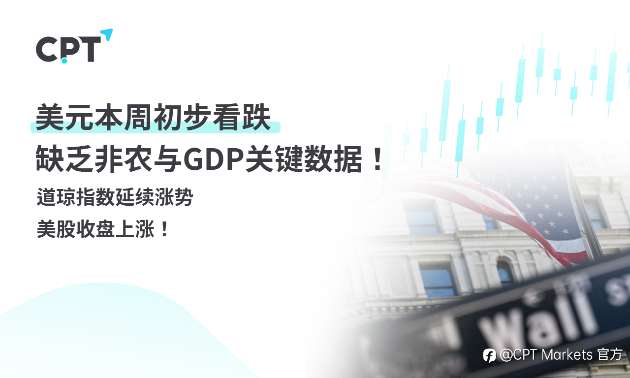 CPT Markets外汇评析：美元本周初步看跌，缺乏非农与GDP关键数据！道琼指数延续涨势，美股收盘上涨！