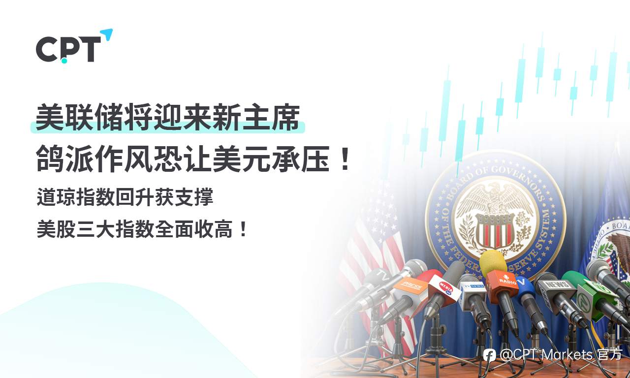 CPT Markets外汇评析:美联储将迎来新主席,鸽派作风恐让美元承压!道琼指数回升获支撑,美股三大指数全面收高!
