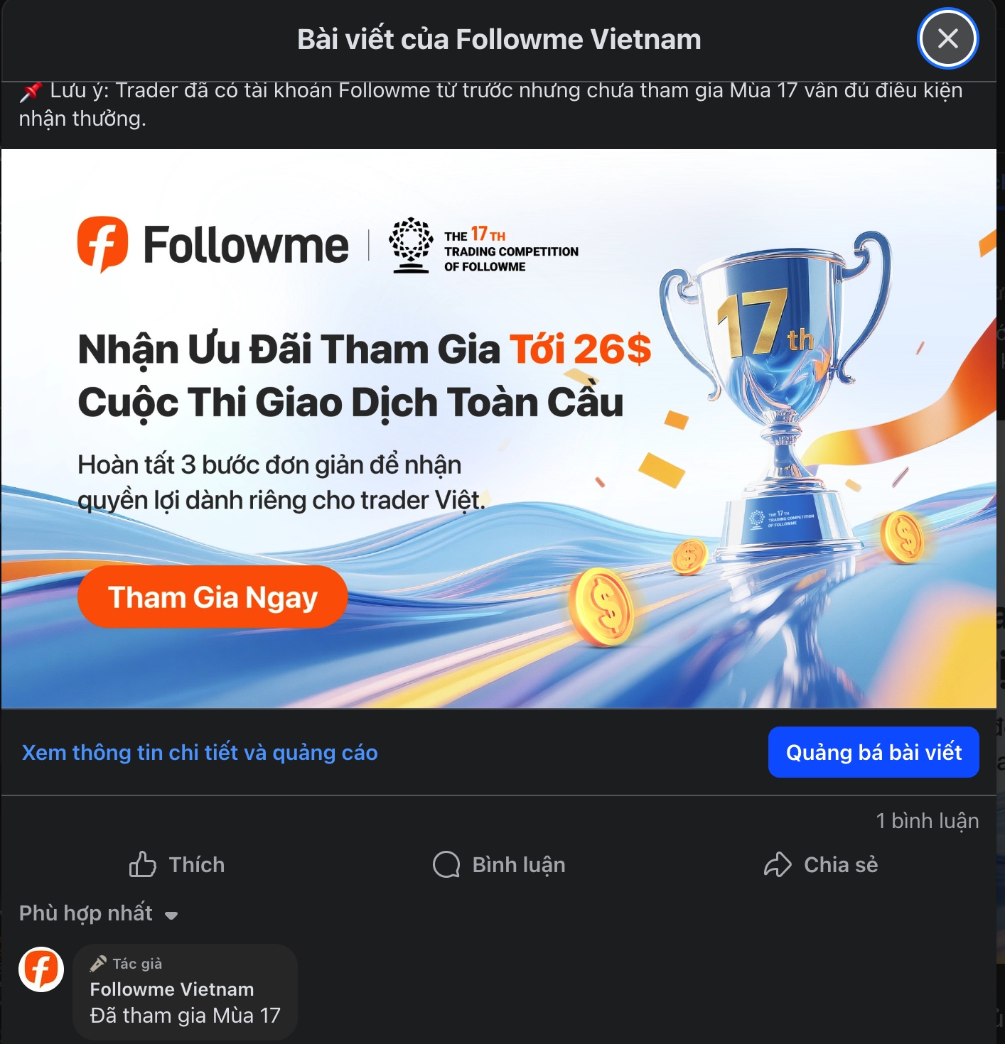 Phần thưởng ưu đãi dành riêng cho Trader Việt Nam khi tham gia Cuộc thi Giao dịch Followme Mùa 17