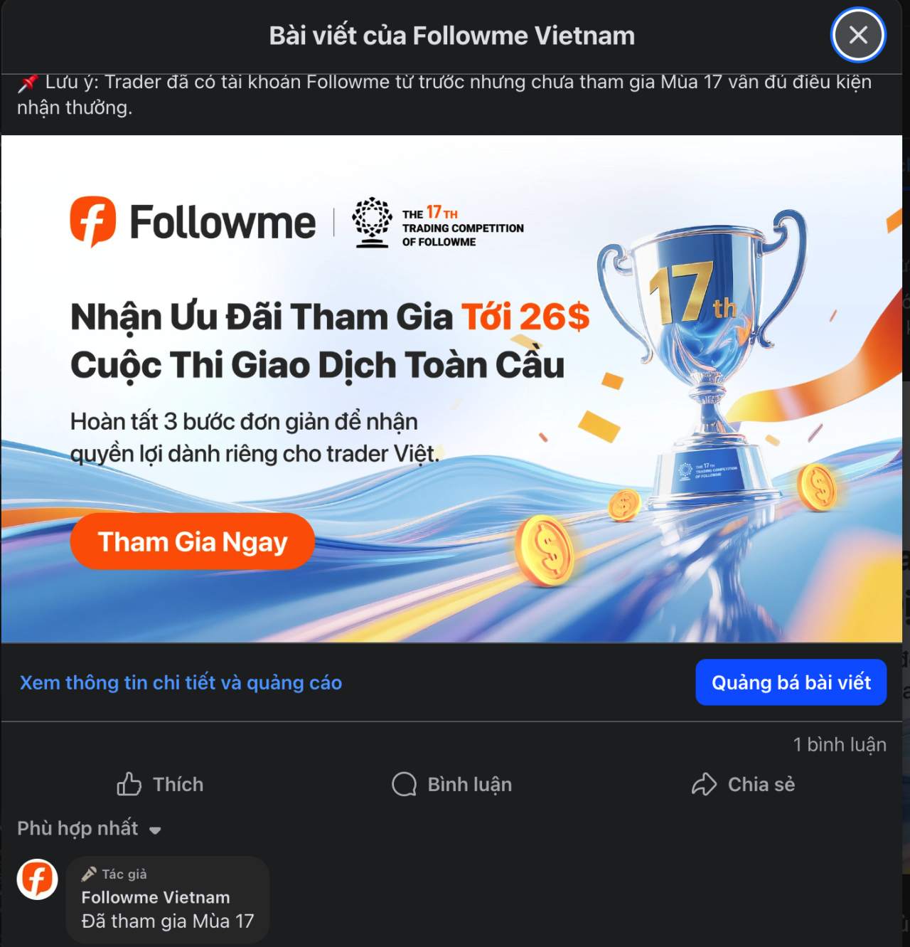 Phần thưởng ưu đãi dành riêng cho Trader Việt Nam khi tham gia Cuộc thi Giao dịch Followme Mùa 17