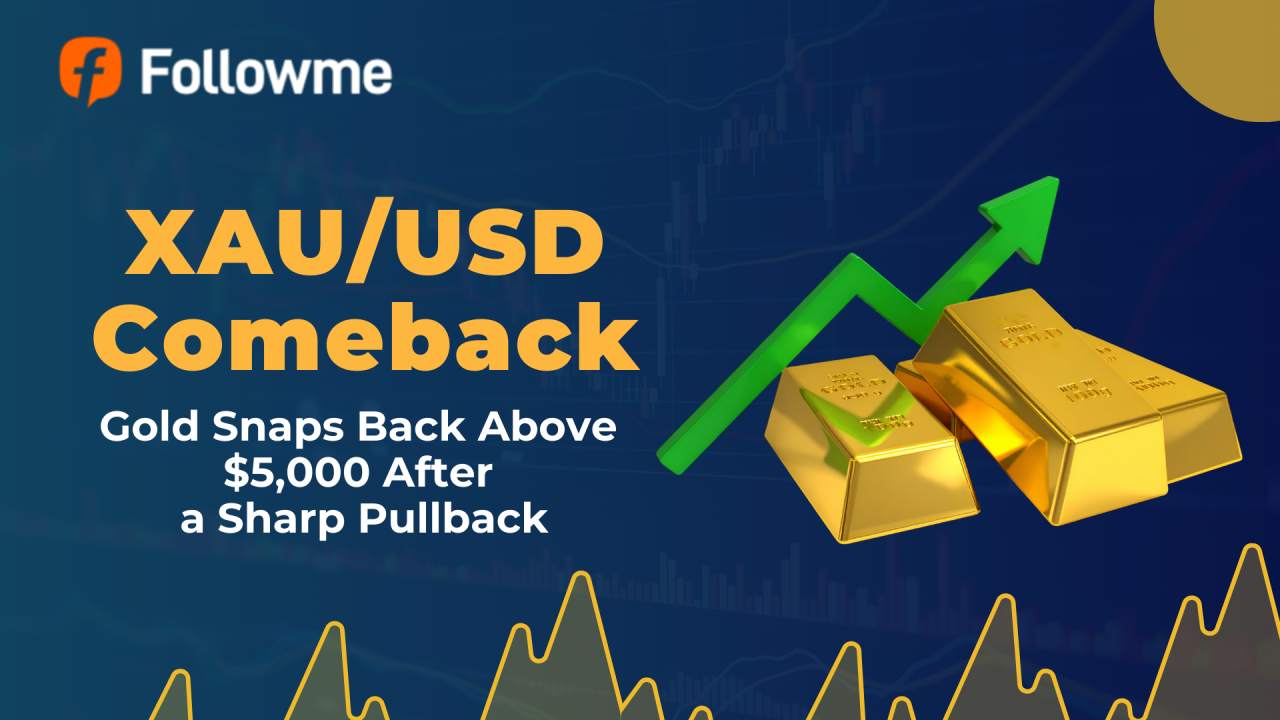 XAUUSD đảo chiều, vàng bật lại vượt $5,000 sau nhịp điều chỉnh mạnh