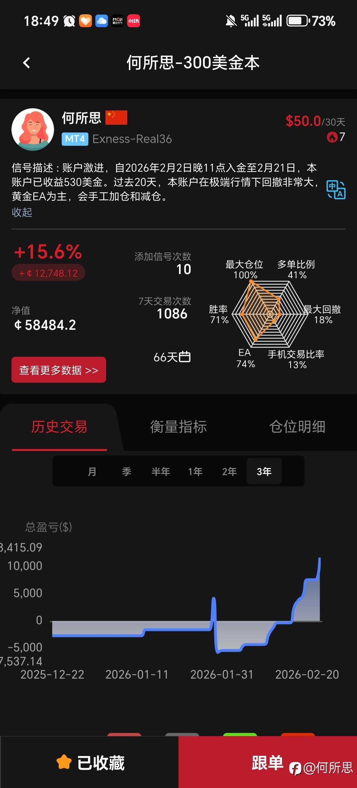 klipc上挂了个信号源，希望300美金本账户能存活过一年不爆仓