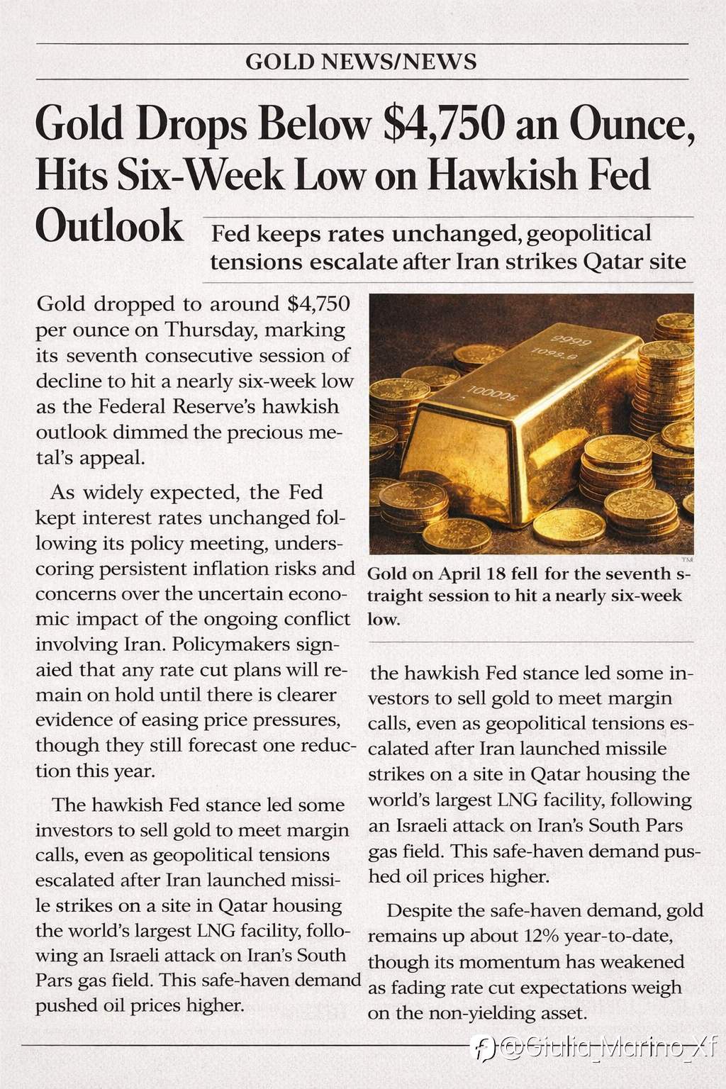 Gold Hits Six-Week Low