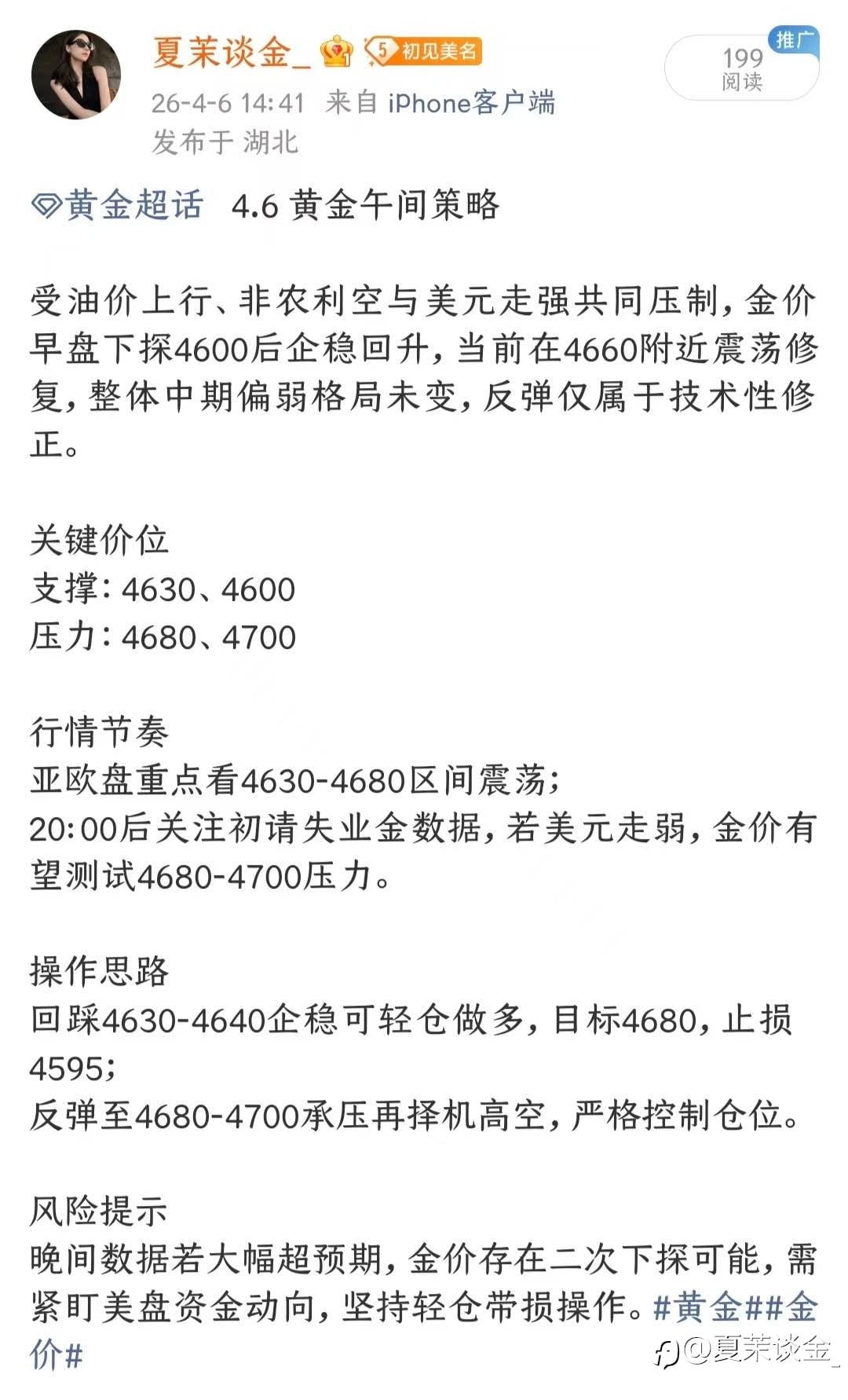 4.6周一黄金全天战绩总结