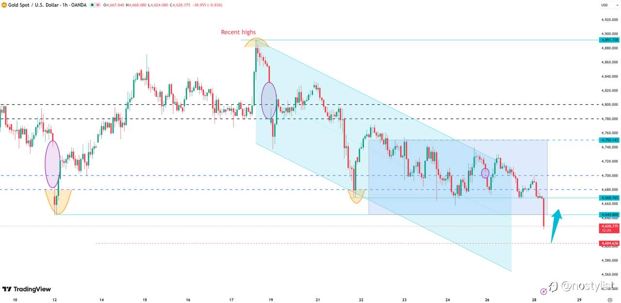 黄金已跌破区间，短期继续偏空，重点看4600支撑