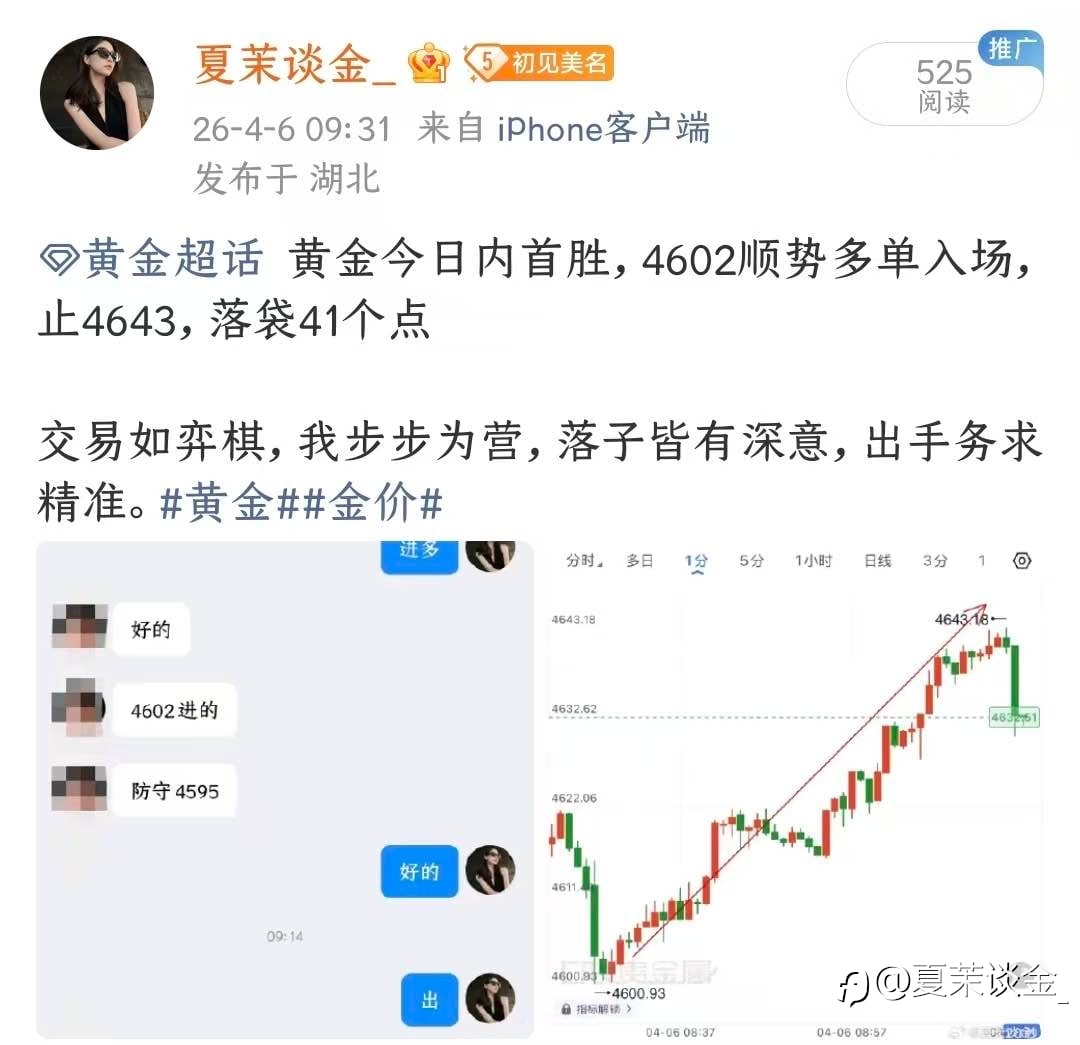 4.6周一黄金全天战绩总结