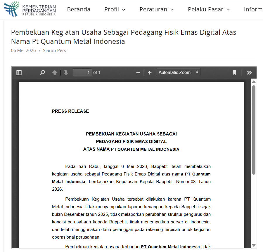 Bappebti Bekukan Izin PT Fintech Maju Berjangka dan PT Quantum Metal Indonesia