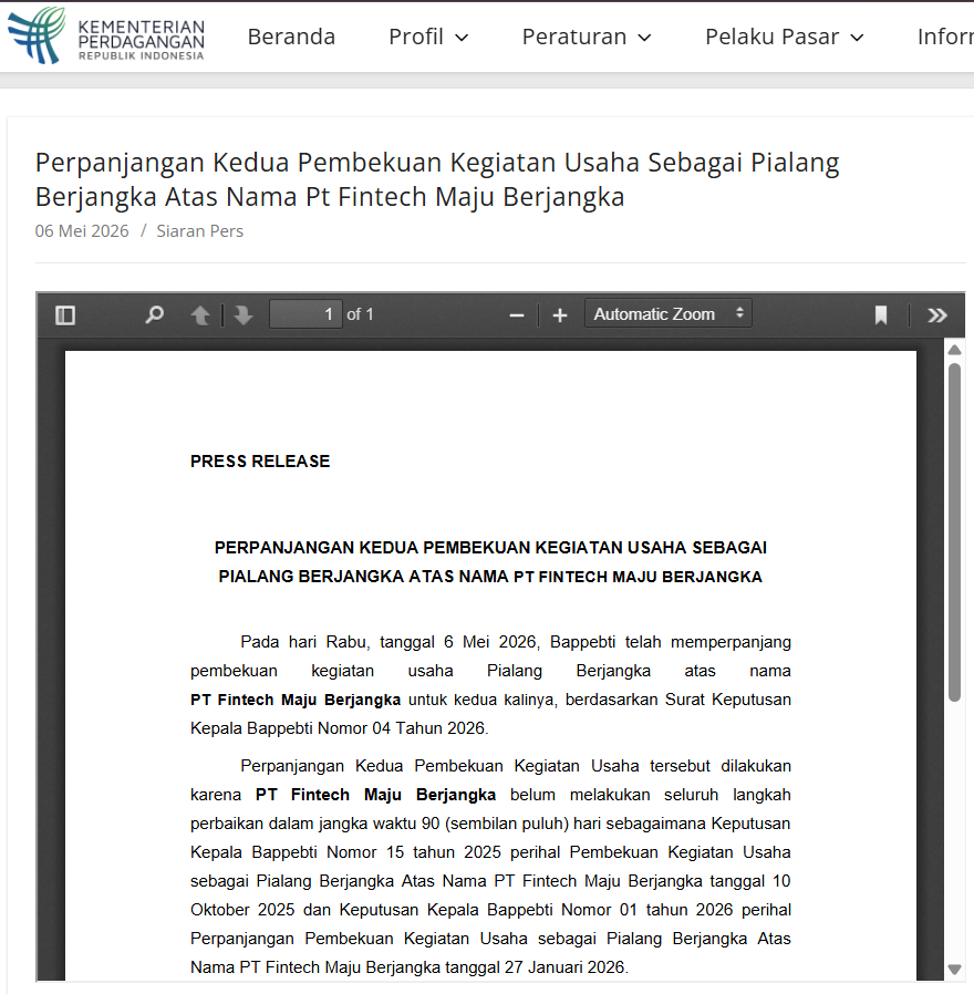 Bappebti Bekukan Izin PT Fintech Maju Berjangka dan PT Quantum Metal Indonesia