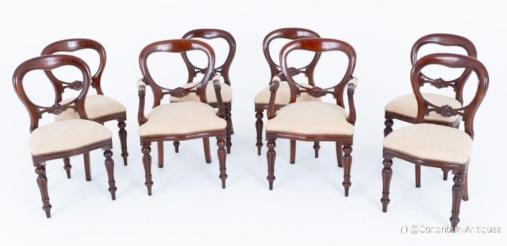 Set 8 Victorian Balloon Back Dining Chairs – Elegant Antique Dining Seating by Canonbury Antiques