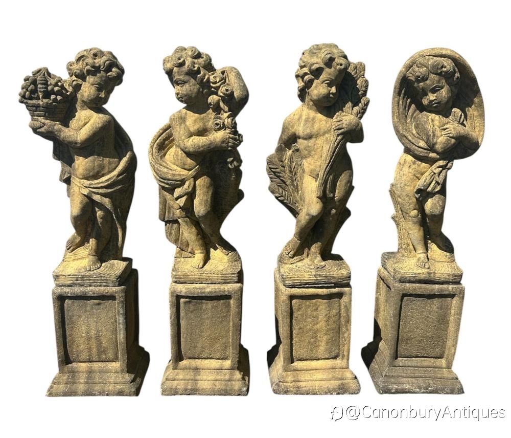 Pair Stone Garden Four Season Statues Cherub English Country | Classical Garden Sculptures by Canonbury Antiques