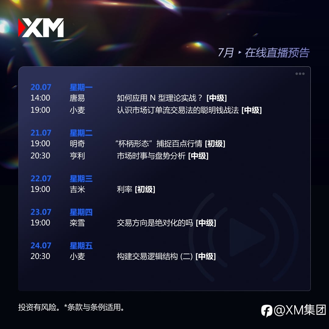 |XM| 中文在线直播讲座,下周预告(7/20 – 7/24)