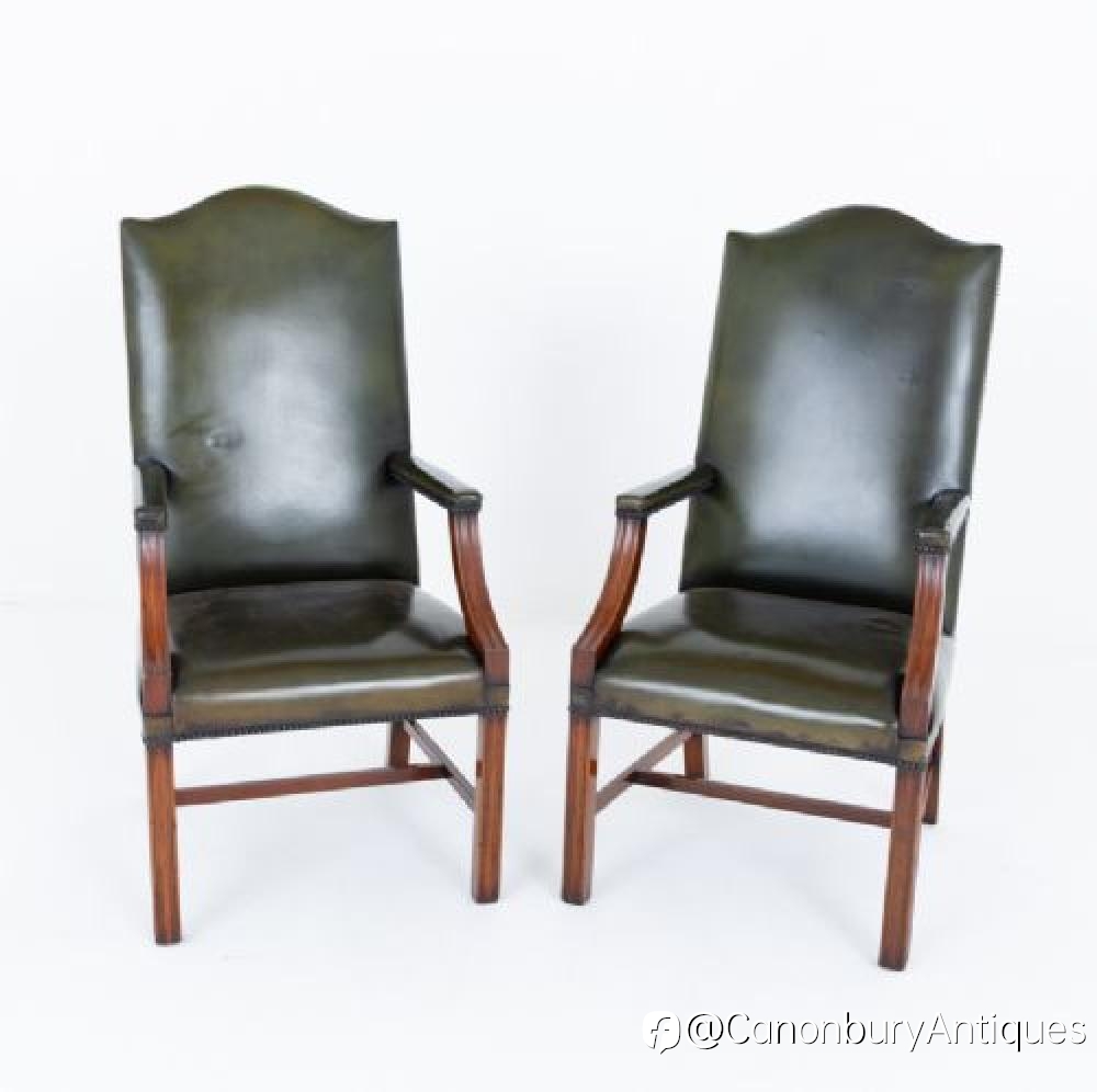 Pair Gainsborough Chairs Leather Georgian Revival 1900 – Timeless Antique Seating from Canonbury Antiques