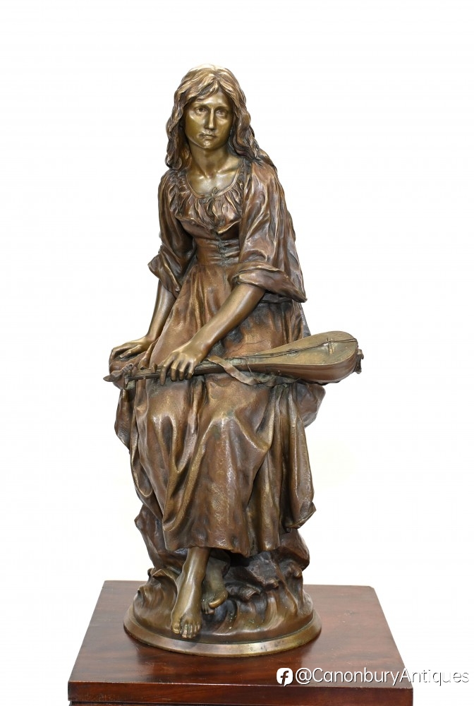 French Bronze Mandolin Player by Paul Mengin Art Nouveau Maiden Figurine 1890 | Authentic French Antique Sculpture by Canonbury Antiques