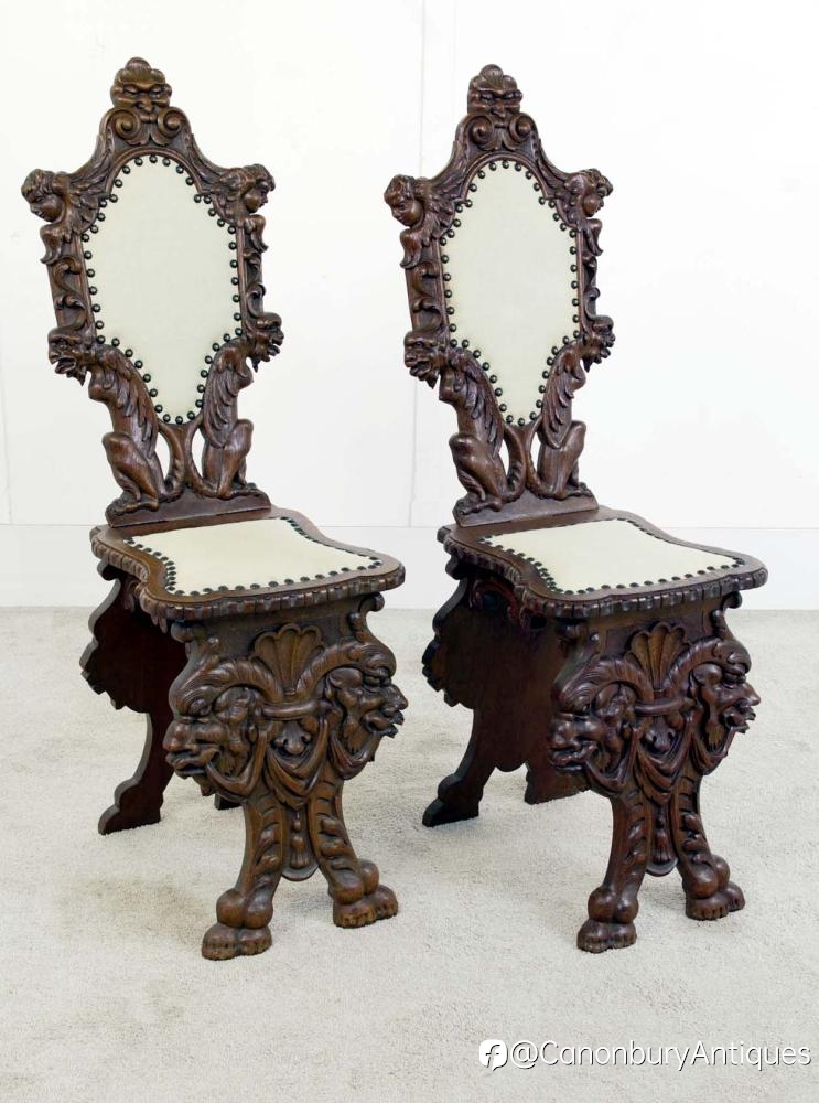 Pair Renaissance Hall Chairs Carved Oak Seats 19th Century – Exceptional Gothic Revival Antiques by Canonbury Antiques