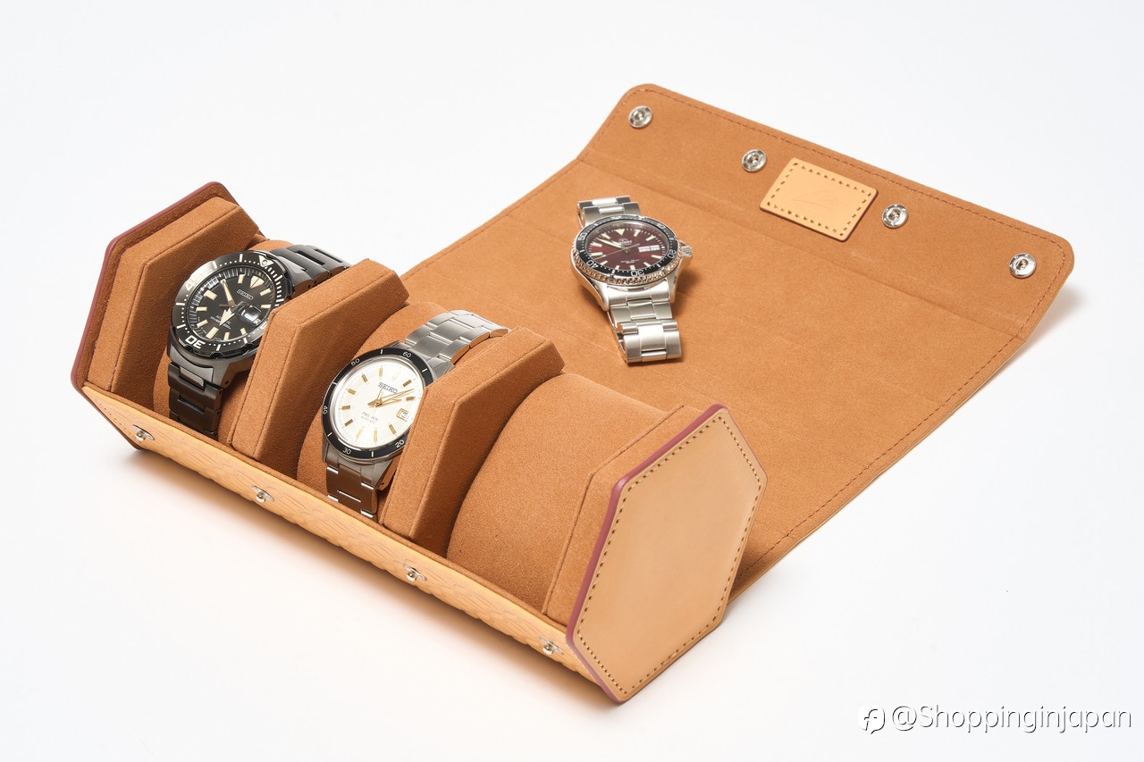 Premium Leather Watch Roll 'Japanese Shippo' Sandy Brown – Elegant Japanese-Inspired Watch Storage